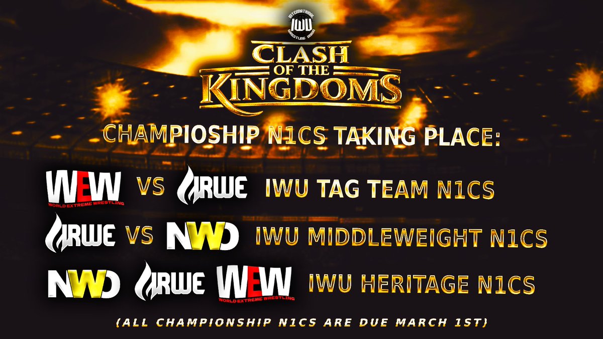 👑 As we move closer to #IWUCOTK, here are some of the IWU title n1cs that will be taking place over the span of the next 2 weeks!  

📅 All the N1Cs are due March 1st.

[<a href="/WEWonRBLX/">WORLD EXTREME WRESTLING</a>, <a href="/IRWE_Official/">IRWE || Season 2</a>, <a href="/NWONetwork4Life/">New Wrestling Order | Since 2020</a>]