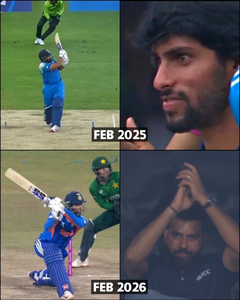 Feb 2025 : Rohit smashed a six against Pakistan; Tilak Varma appreciated it from the stands.

Feb 2026 : Tilak smashed a six against Pakistan; Rohit Sharma appreciated it from the stands. 

How fast time changes !! 🥹♥️