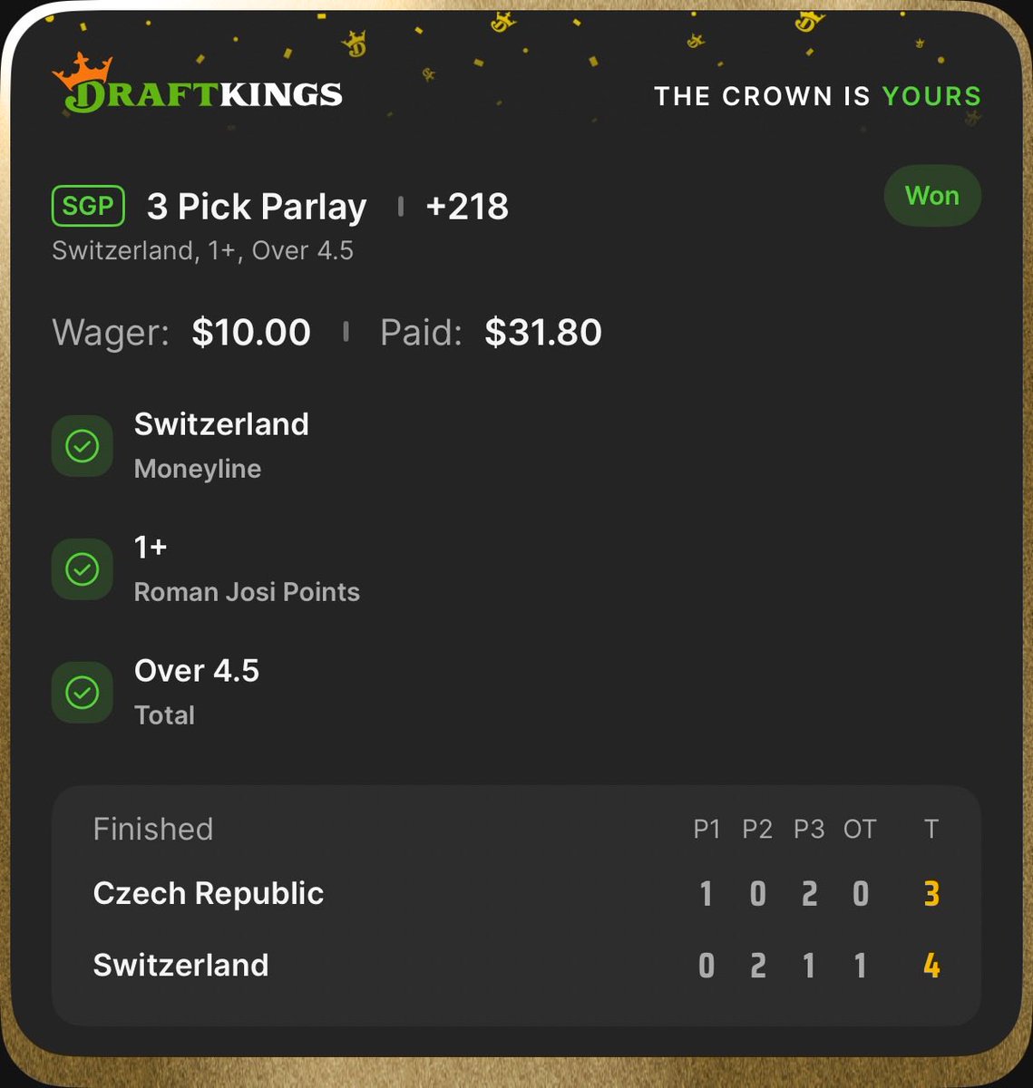 ✅💰✅💰CASHED💰✅💰✅

Sharp 💉 early morning #OlympicHockey action. 

The Swiss come through in OT. You had to know they’d do it for Fiala.🔥🔥🔥<a href="/Chris_Bengel88/">Chris</a> 

#Fiala 
#GamblingTwitter 
#Switzerland