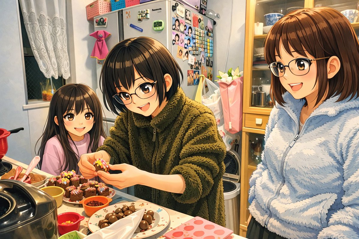 土曜日にクラスメイトからいっぱいチョコをもらってしまい、日曜日にあわてて手作りし始めた長女(10)。 #AIart