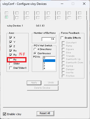 umimoto's tweet photo. 1.仮想デバイスドライバ vJoyをインストールして、Configure vJoyアプリからvJoyの設定を行い、Rzの項目を外す。（他は任意の設定でたぶん大丈夫。だめだったらボタン8,POV1が無難かも？） https://t.co/yTPYAQwdsA