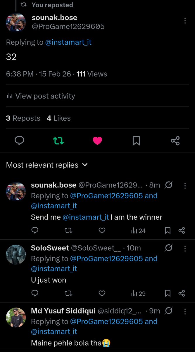 ProGame12629605's tweet photo. I just won it @instamart_it send me Address 57/8 Bhupen Roy Road Behala Kolkata 700034 Hope you'll send ❤️🧿 https://t.co/LxkPu27aUD