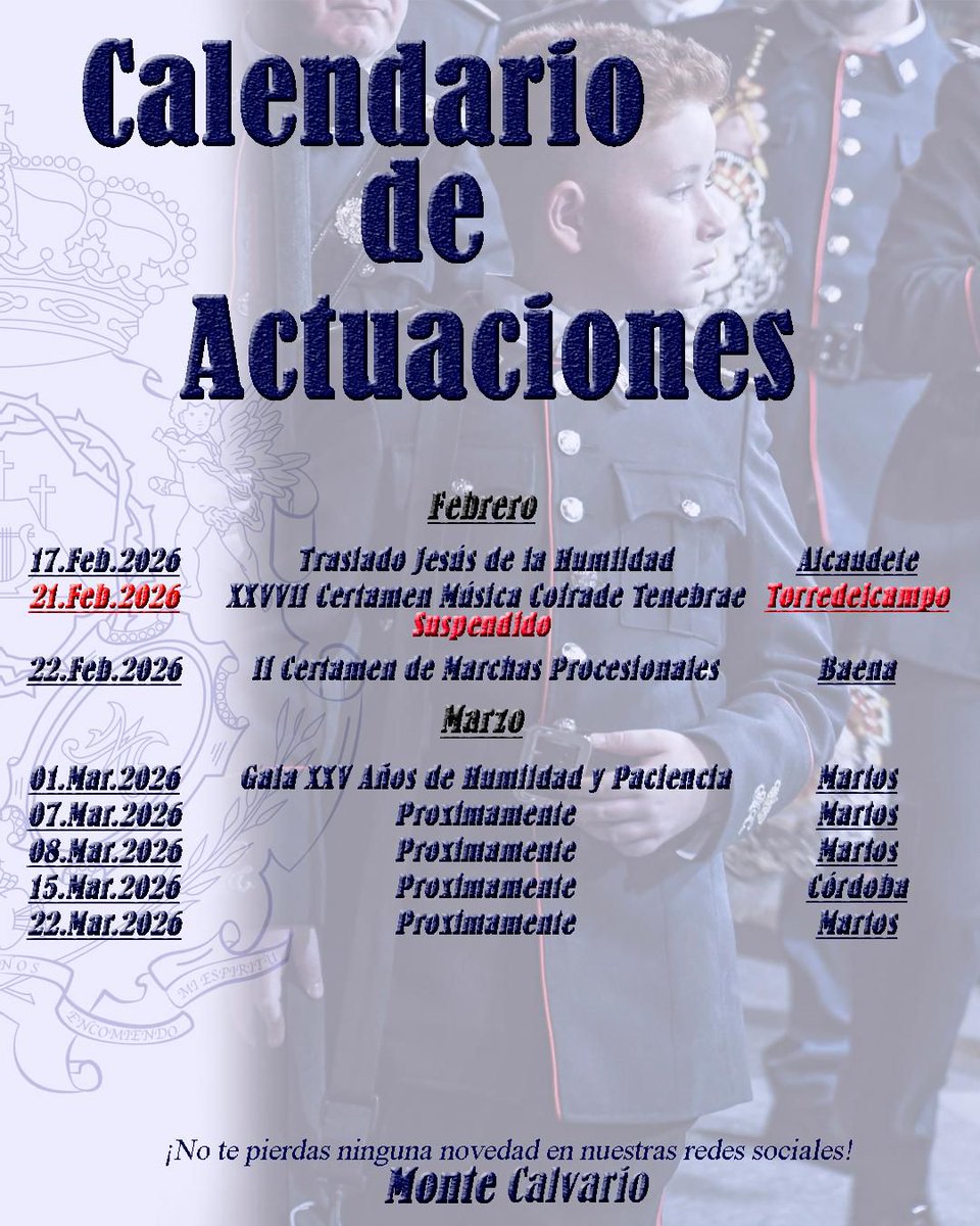 MonteCalvario_'s tweet photo. 𝐂𝐔𝐀𝐑𝐄𝐒𝐌𝐀

A tan solo dos días de comenzar este periplo de actuaciones cuaresmales, os dejamos con las fechas y lugares 📆 en los que Monte Calvario sonará.

📝 𝗠𝘂𝘆 𝗽𝗿𝗼𝗻𝘁𝗼 𝘀𝗲 𝗰𝗼𝗻𝗼𝗰𝗲𝗿𝗮́𝗻 𝗺𝗮́𝘀 𝗰𝗶𝘁𝗮𝘀 𝘆 𝗹𝗼𝘀 𝐄𝐒𝐓𝐑𝐄𝐍𝐎𝐒 𝗱𝗲 𝗲𝘀𝘁𝗲 𝗮𝗻̃𝗼 https://t.co/9OscZAWLtm