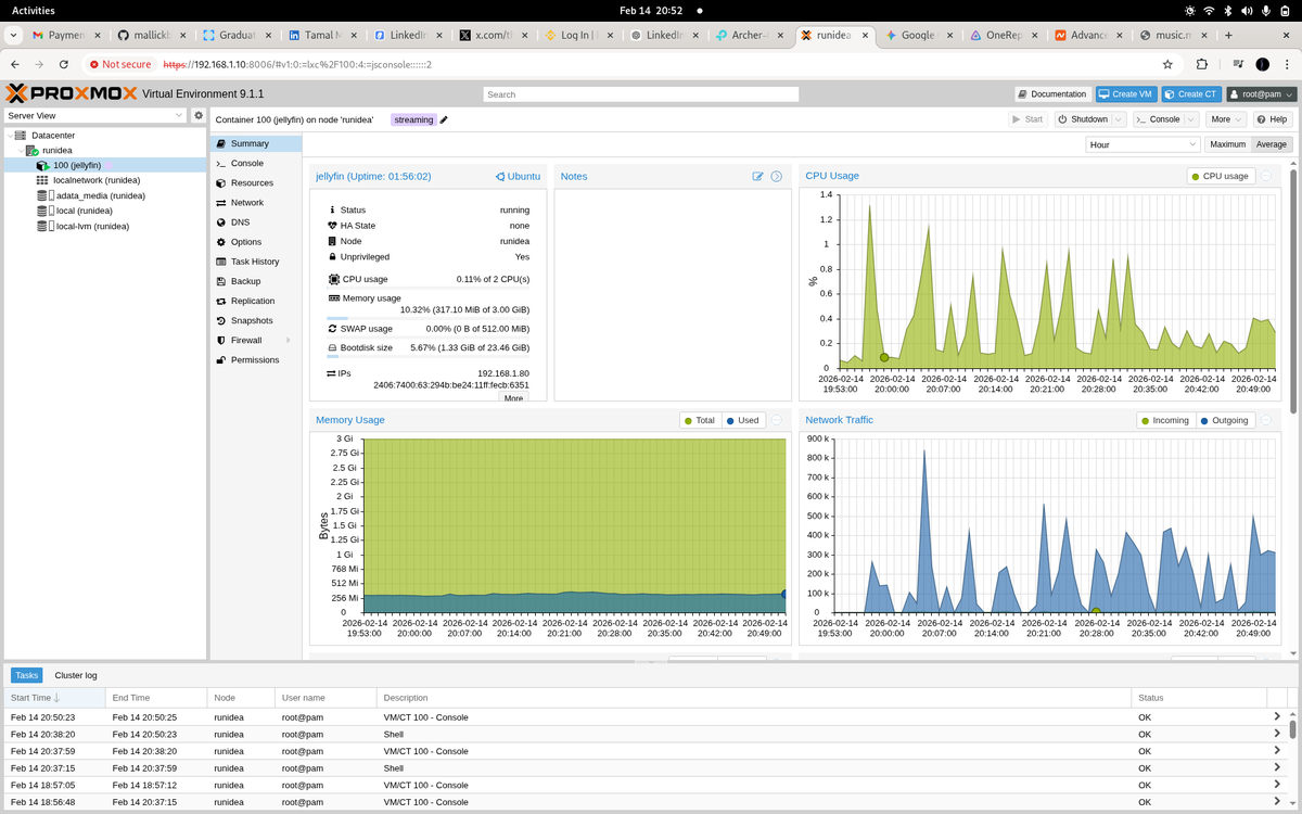 themallickboy's tweet photo. Started my Proxmox VE journey by turning an old laptop into a homelab + personal music cloud using Jellyfin 🎧

Later added an Nginx Proxy Manager gateway to host multiple HTTPS services on one static IP.

Now live at: https://t.co/uOvAis9PBC

#Proxmox #Homelab #Nginx #SelfHosted https://t.co/v8FpP9Kuef