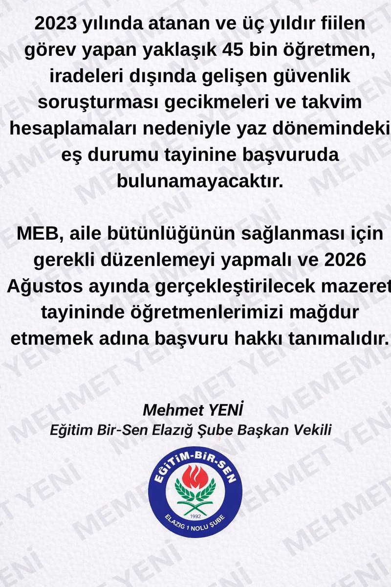 Anayasal hakları olan aile bütünlüğünü korumak için kendi iradeleri dışında olan bu durumdan dolayı mağduriyetleri giderilmelidir. Aileyi önemseyerek Aile Yılı ilan edilen bu dönemlerde aile bütünlüğü korunmalıdır. 
<a href="/tcmeb/">Millî Eğitim Bakanlığı</a> <a href="/Yusuf__Tekin/">Yusuf Tekin</a> 
 #2023EylülAtamasıAileBirliği