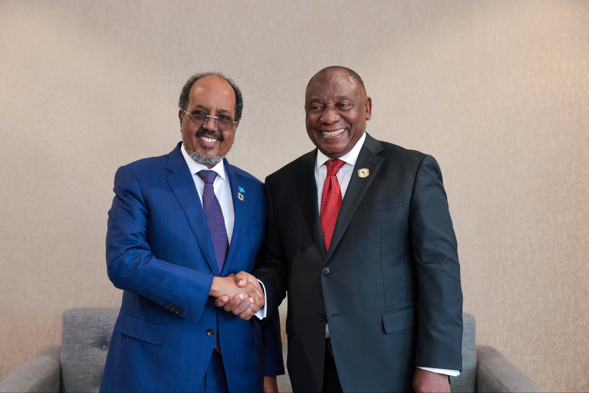 TheVillaSomalia's tweet photo. President @HassanSMohamud met with President @CyrilRamaphosa of the Republic of South Africa (RSA) on the sidelines of 39th Ordinary Session of the African Union Heads of State and Government Assembly held in Addis Ababa, Ethiopia. https://t.co/DR1BhCNM8N