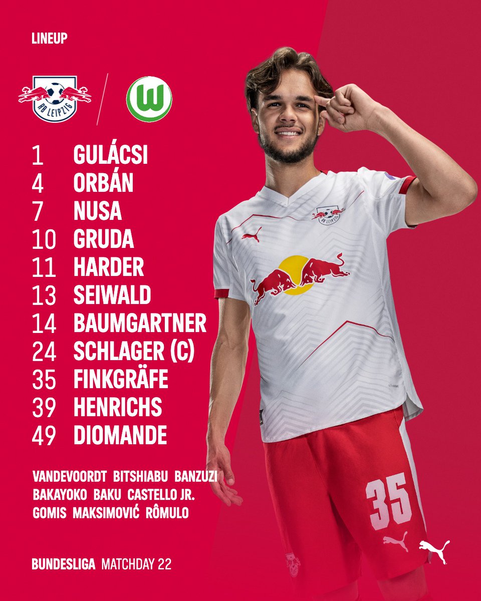 Die Aufstellungen sind raus 📋
#Finke mit dem Startelfdebüt 🔥💪

#RBLWOB #Bundesliga