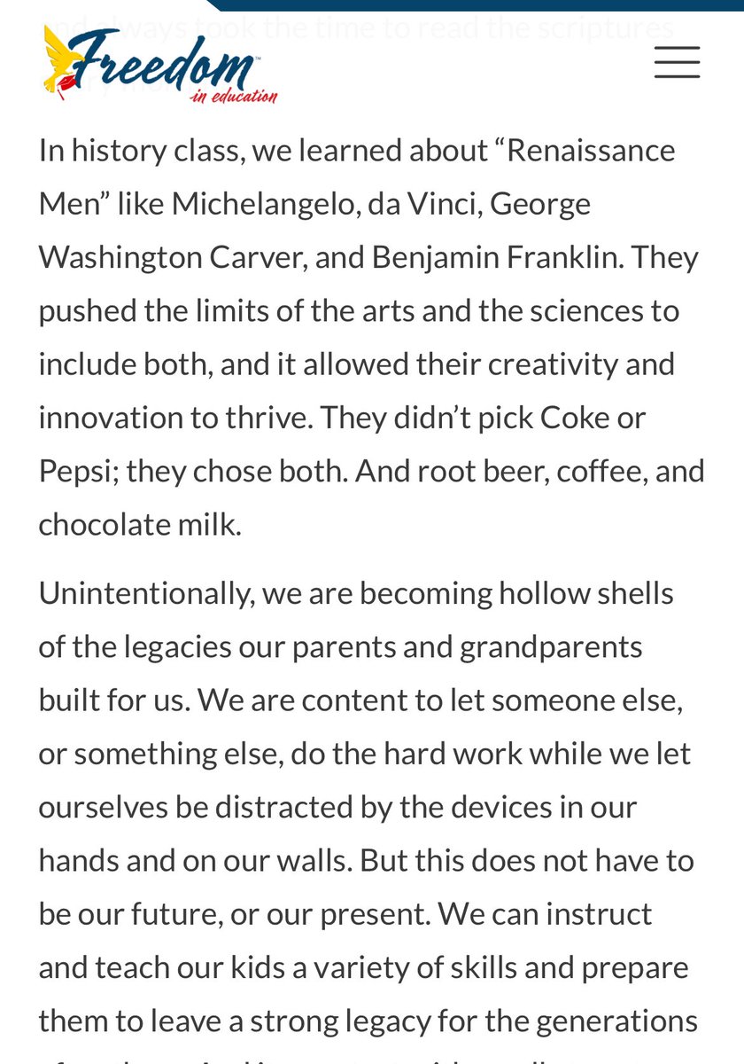 Our brains are not limited by mutually exclusive topics. Education must incorporate (or rediscover) the necessity of building the “left” and “right” brain in students.

Read more of my thoughts on <a href="/Freedom_in_Ed/">Freedom in Education</a>: 
freedomined.org/news-room/in-s…