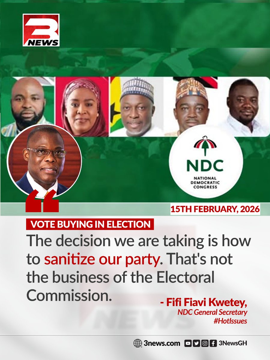 tv3_ghana's tweet photo. NDC General Secretary Fifi Fiavi Kwetey states that internal party reforms to address vote-buying are separate from the Electoral Commission's mandate, following the Ayawaso East primary controversy.

#HotIssues #TV3GH https://t.co/ls3tsubBNQ