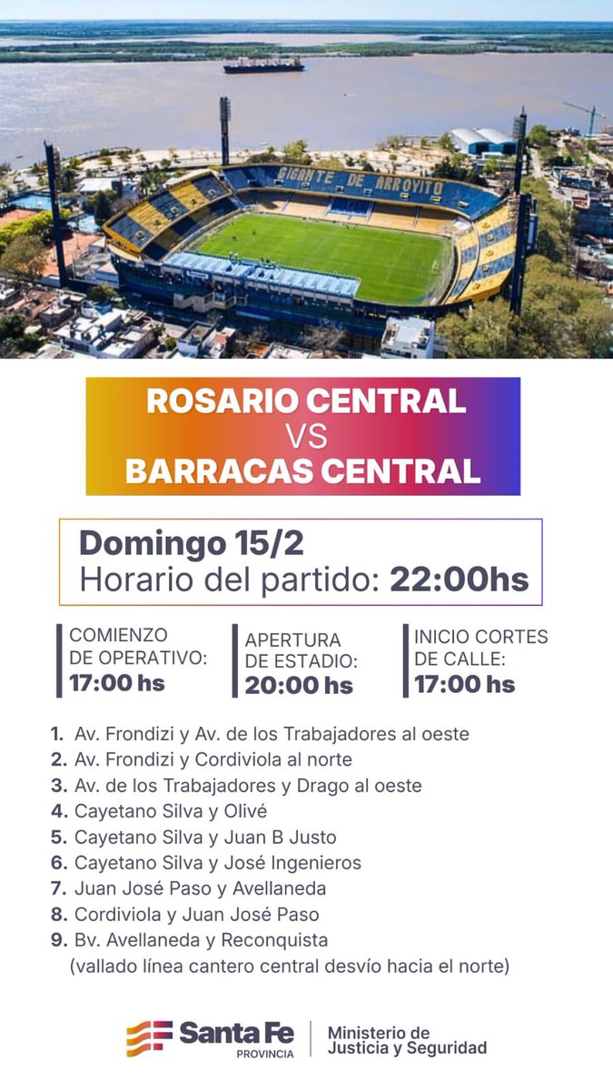 Los cortes 🚧 para el domingo 15/02 por el partido ⚽️ de <a href="/LigaAFA/">Liga Profesional de Fútbol</a> entre <a href="/RosarioCentral/">Rosario Central</a> y <a href="/barracascentral/">Club Atlético Barracas Central</a> ya se encuentran programados en <a href="/waze/">waze</a> <a href="/WazeArg/">Comunidad Waze Argentina</a>