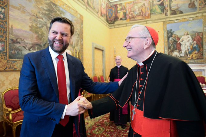 JD Vance and Cardinal Pietro Parolin displaying a clear-cut masonic handshake