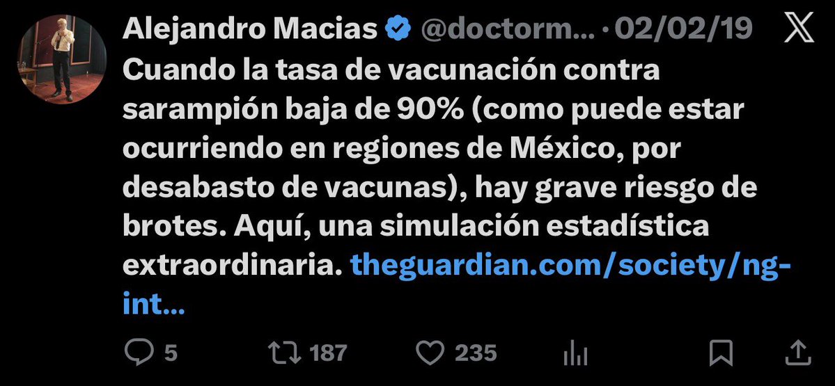 La entrada del sarampión en México era inminente desde 2019 y así lo estuvimos insistiendo en distintos foros desde entonces. Era inminente porque se estaba perdiendo la inmunidad de rebaño. La administración actual recibió una ancha brecha de vacunación.