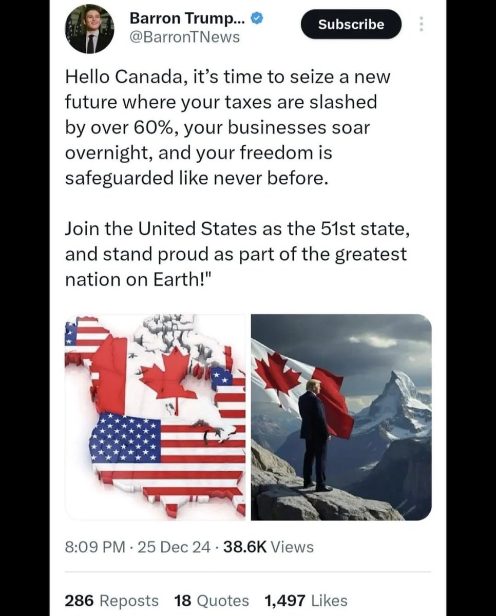 Barron Trump, take your 51st-state fantasy and shove it where the sun doesn’t shine. 🇨🇦🍁
Canada is not for sale, not for annexation, and definitely not for your political cosplay.
You can keep your “over 60% tax cuts” fairy tales — we’ll keep our sovereignty, thank you very