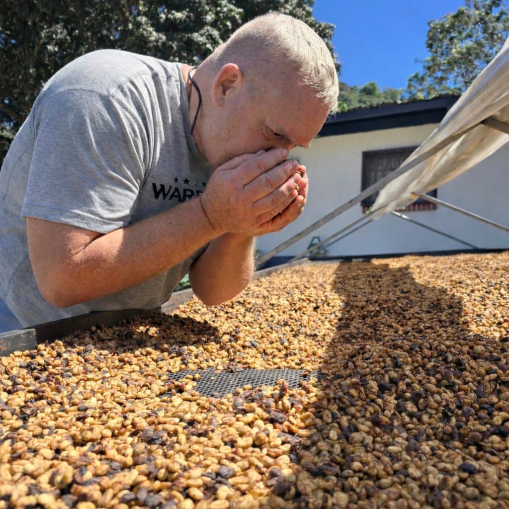 WOCoffeeCo's tweet photo. There’s something powerful about standing where your coffee begins. 🌱

This photo was taken at La Manita Farms in Costa Rica, where @bighandcoffee is leaning over a drying bed of freshly processed coffee, taking in the aroma straight from the source.

What’s he doing?

He’s evaluating the coffee at one of its most critical stages — the drying process.

After the coffee cherries are harvested and the fruit is removed (either fully washed, honey processed, or natural), the beans — still technically seeds — are spread out on raised drying beds like this one. Here, they slowly dry under the Costa Rican sun, carefully turned and monitored until they reach the proper moisture content (typically around 10–12%).

Why does this matter?

Because drying is everything.

Too fast, and the beans can crack, stress, or develop harsh flavors.
Too slow, and you risk mold, fermentation defects, or uneven development.
Too inconsistent, and the cup profile becomes unpredictable.

At this stage, Eric is using his senses — especially smell — to evaluate the quality and cleanliness of the process. Freshly drying coffee gives off subtle aromas that can tell you a lot about fermentation, sugar development, and whether the batch is progressing properly.

This is where flavor is being built.

The sweetness.
The body.
The acidity.
The clarity in your cup.

We focus on strong relationships in the industry built on direct trade, which means we don’t just order coffee. We go see it. We meet the farmers. We stand at the drying beds. We ask questions. We learn their methods. We build relationships.

Because great coffee isn’t an accident.
It’s intentional — from farm to roast to your cup.
