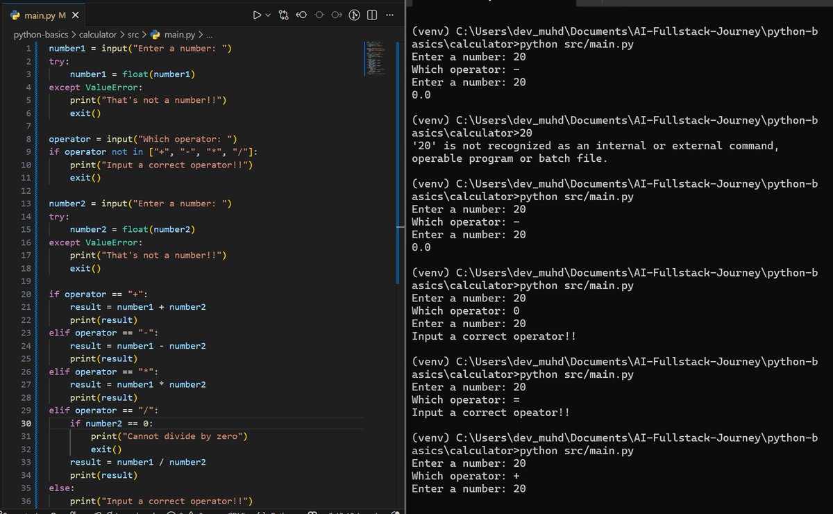 dev_muhd's tweet image. Day 3 / 100 – Learning Python🐍

Built a simple Python calculator.
Practiced input validation, try/except, operator checks, and division-by-zero handling.
Small steps, strong foundations.

#100DaysOfCode #Python #BeginnerDev #LearningToCode