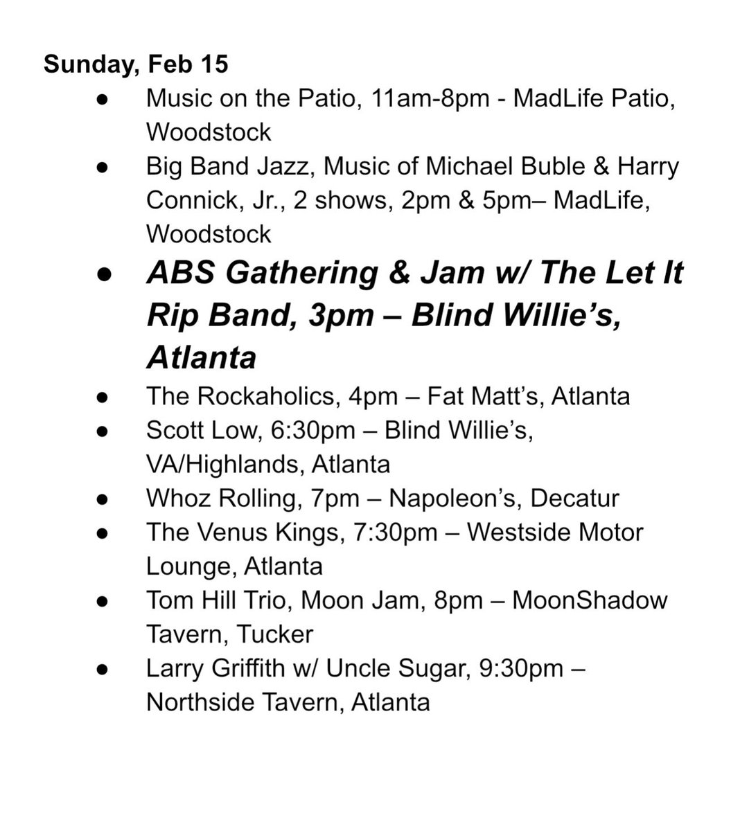 Happy Sunday Fun Day ABS!  In addition to the ABS Feb Gathering &amp; Jam, check out all the great live music happening around the city! 🎶🎵💙💙🎶🎵 #atlantabluessociety #supportlivemusicvenues #supportliveblues #supportlivebluesvenues