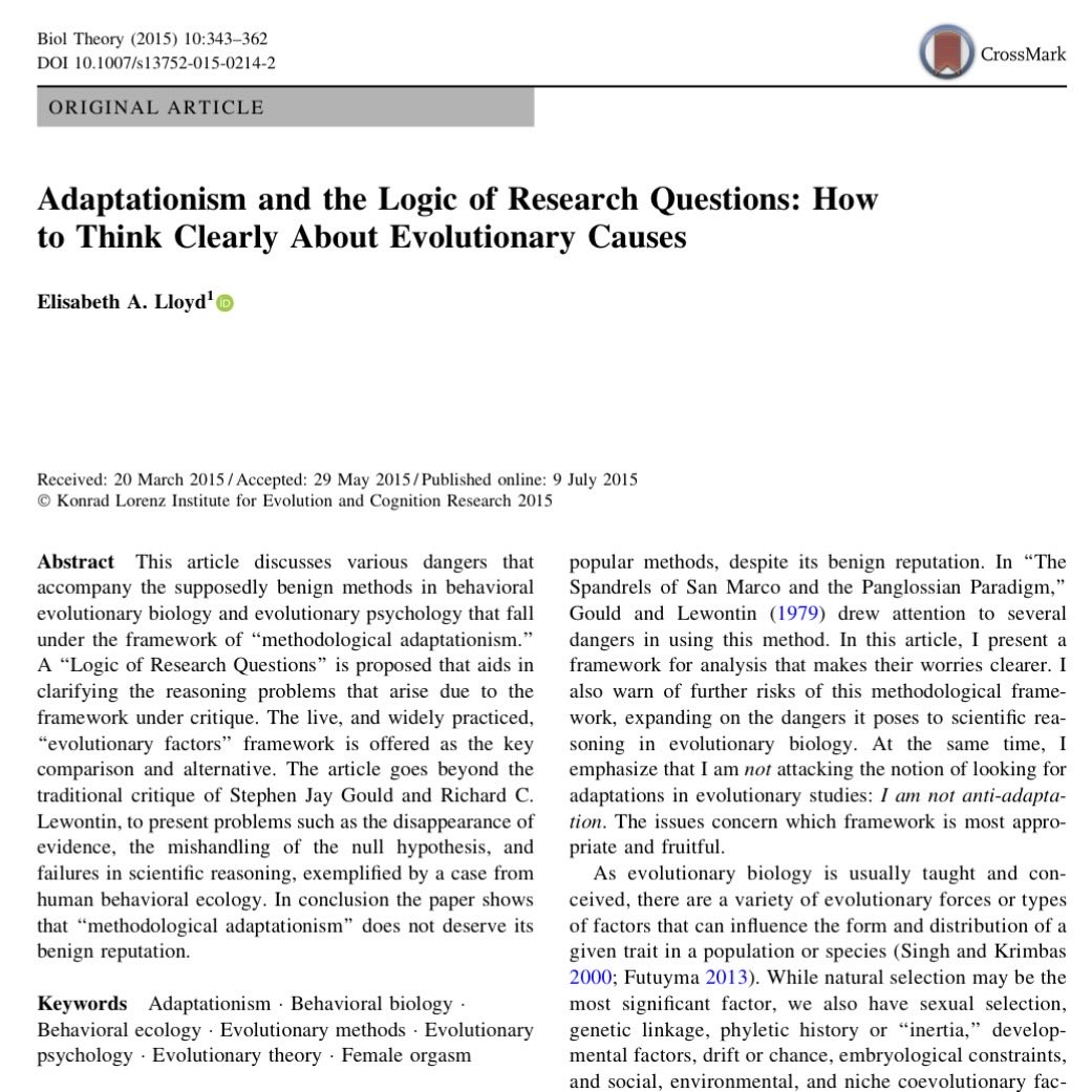 I LOVE this paper by Lisa Lloyd. It makes all the difference in the world to ask first: “Does this trait has a function?” and not only: “What is the function of this trait?”.

In current day trait ecology, adaptationism is live and well, unfortunately.