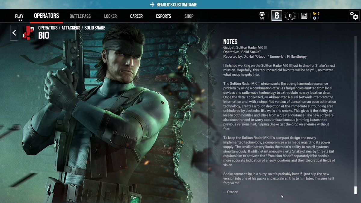 METAL GEAR SOLID FANS!!! I present to you Solid Snake's Operator bio in Rainbow Six Siege!