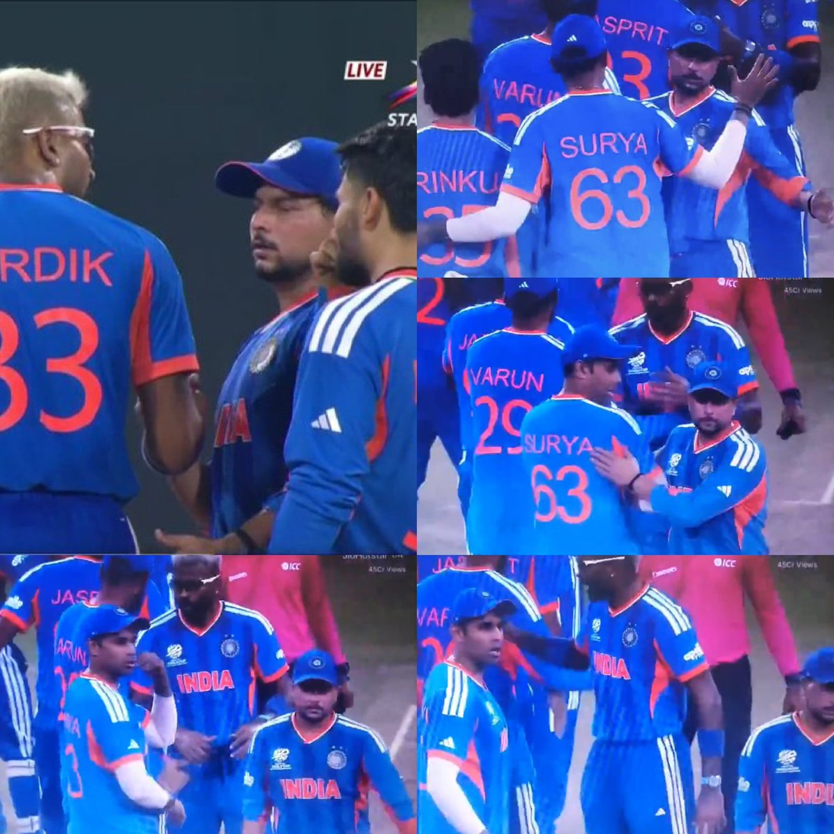 Vipintiwari952's tweet photo. There were some intense moments you might’ve missed. When Kuldeep Yadav dropped that catch and it went for six, Hardik Pandya wasn’t happy, and even Suryakumar Yadav looked annoyed. Hardik and Surya said something to Kuldeep, and you could see he was upset. After the match, Kuldeep stormed over, hugged Surya roughly, clearly fuming, and then Surya said something angrily… the whole scene was charged with raw intensity.