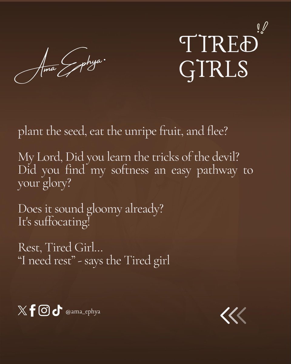 Ama_Ephya's tweet photo. She did not arrive tired.
She arrived open.
But openness, in the wrong hands,
becomes something to survive.
Still, she remains.
Still, she learns.
Still, she chooses rest.
Words & visual - @ama_ephya | https://t.co/iIb7jNcsIv
#TiredGirlsSeries #AmaEphya https://t.co/6MFqErPRbZ