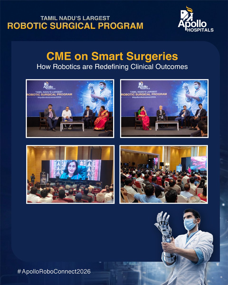 SuneetaReddy4's tweet photo. Grateful to the incredible clinicians who joined us at the Clinical Program on Smart Surgeries during #ApolloRoboConnect2026 in Chennai.
With 25,000+ robotic surgeries across India—including 8,000+ in Tamil Nadu—Apollo continues to lead the state’s largest robotic surgical program. Showcasing 5 live robotic systems and 50+ robotic surgeons from Apollo Chennai, the event highlighted how technology and clinical expertise are transforming patient outcomes.
#ApolloHospitals #RoboticSurgery #ClinicalExcellence #Chennai #HealthcareInnovation