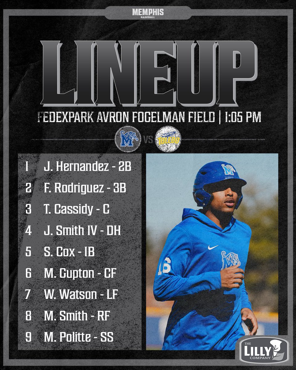 MemphisBaseball's tweet photo. Today’s Starters 📝

📺 » ESPN+ 
📊 » https://t.co/9X2AJziomQ 

#GoTigersGo | @LillyForklifts https://t.co/LoLLuQEuWf