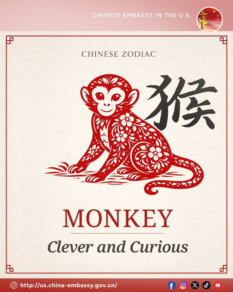 ChineseEmbinUS's tweet photo. Playful and inventive. 🐵
The #Monkey represents intelligence, humor, and adaptability.
A symbol of wit and creative problem-solving. 🌟
#ChineseZodiac #SpringFestival https://t.co/RS6VqraDL4