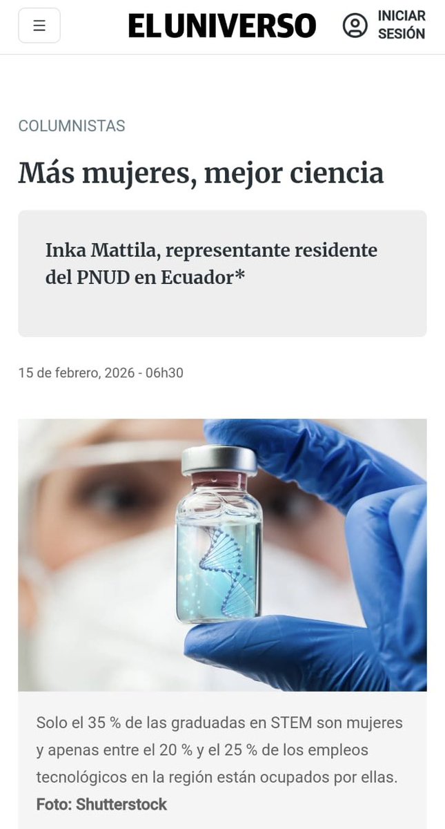 PNUDEcuador's tweet photo. 💜Más mujeres, mejor ciencia🔬

La innovación solo será transformadora si es inclusiva.

Hoy, Inka Mattila, Representante Residente #PNUD, reflexiona en @eluniversocom sobre por qué invertir en niñas y mujeres en STEM es apostar por el desarrollo.

👉 https://t.co/fpygao3SfM https://t.co/NF1FLff84P