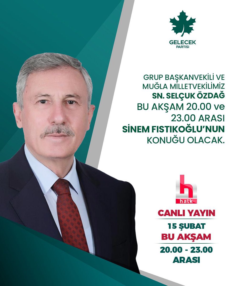 Grup Başkanvekilimiz ve Muğla Milletvekilimiz Sayın <a href="/selcukozdag/">Selçuk ÖZDAĞ</a>, Sinem Fıstıkoğlu’nun konuğu oluyor.

🗓️15 Şubat Pazar (Bugün)
⏰20.00-23.00
📡Halk TV