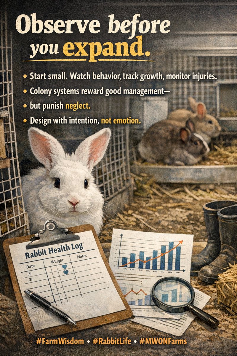 MwonFarms's tweet image. Observe before you expand
Start small. Watch behavior, track growth, monitor injuries. Colony systems reward good management—but punish neglect. Design with intention, not emotion. 📊✨
#FarmWisdom #RabbitLife #MWONFarms