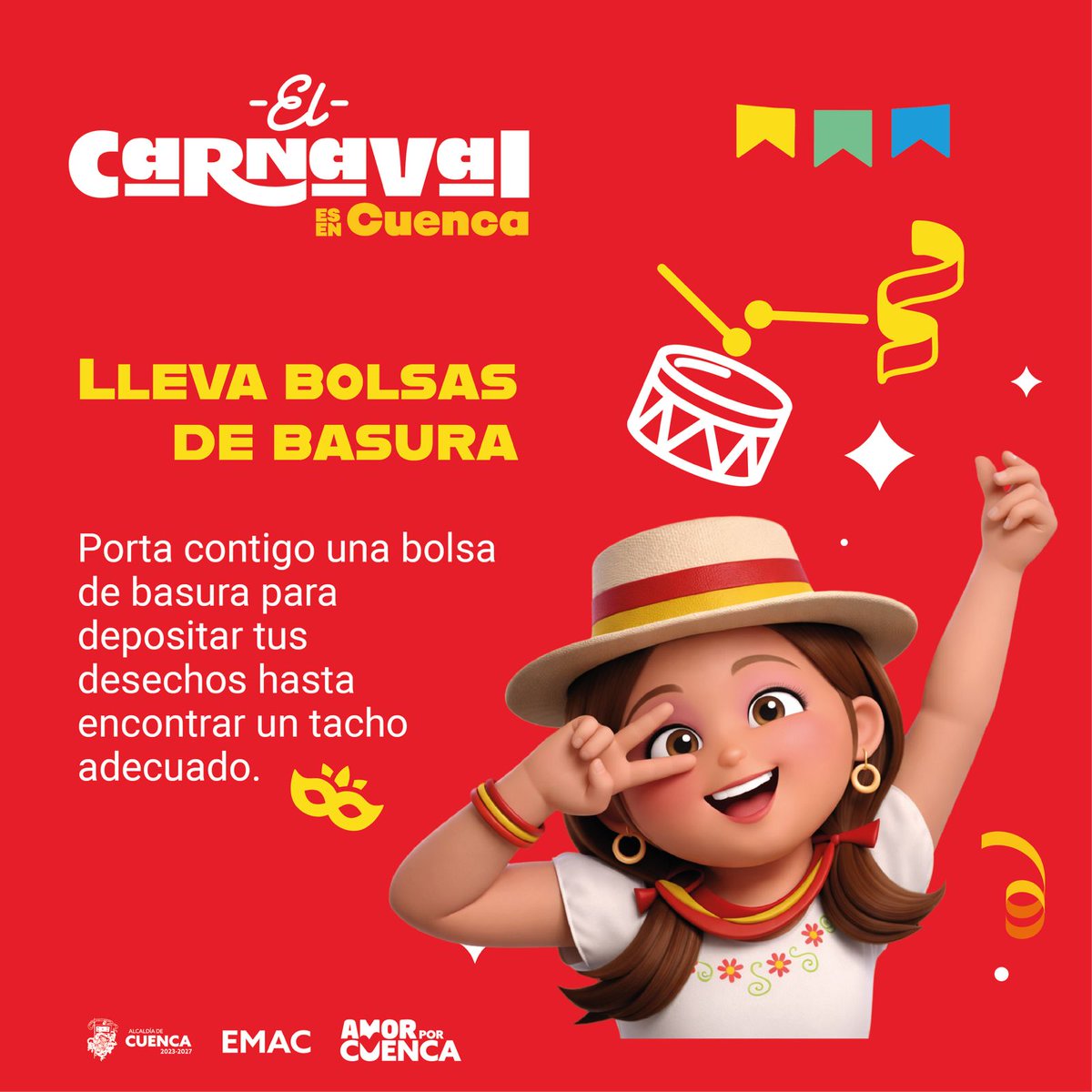 emac_ep's tweet photo. En este Carnaval, Cuenca brilla porque la cuidamos juntos.

Si no encuentras un tacho cercano, guarda tus residuos hasta ubicar uno adecuado.
Pequeñas acciones generan grandes resultados.

Buenas prácticas y pago puntual de la tasa de recolección hacen posible un servicio eficiente para todos.

#CuencaSeViveLimpia
#AmorPorCuenca❤️💛

EMAC + TÚ + YO = TODO SUMA

@czamoramatute 
@MunicipioCuenca