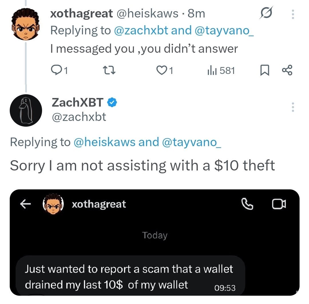 manyaaww's tweet image. How to turn $10 into $11k:

&amp;gt; be xothagreat
&amp;gt; dm zach about losing $10 in a scam
&amp;gt; he doesnt respond, then comment under his post
&amp;gt; he responds back with a no
&amp;gt; ct picks it up thinking zach insulted this guy
&amp;gt; someone makes a post about it and it goes viral
&amp;gt; a memecoiner creates