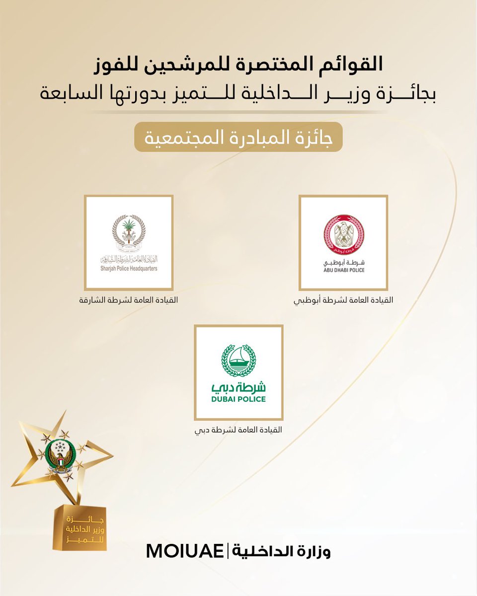 moiuae's tweet photo. نكشف لكم القوائم المختصرة النهائية للمرشحين للفوز بجائزة وزير الداخلية للتميز بدورتها السابعة، على مستوى القيادات الشرطية وقطاعات وإدارات وزارة الداخلية.. ترقبوا إعلان الفائزين في الحفل الختامي للجائزة 

#جائزة_وزير_الداخلية_للتميز https://t.co/SCp4TOU8Td
