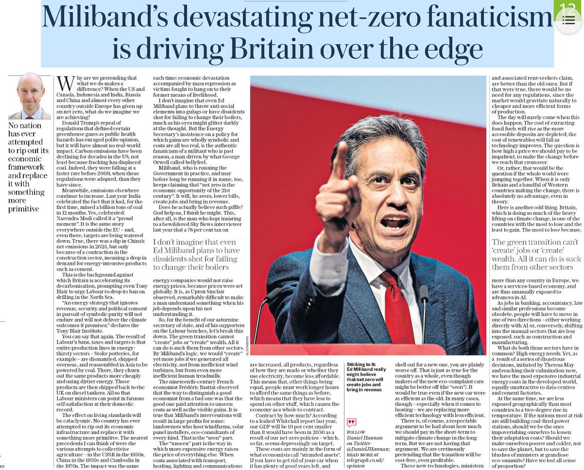 Miliband’s net-zero obsession is nothing but economic self-sabotage. 

Labour need to get rid of this lunatic before it's too late.