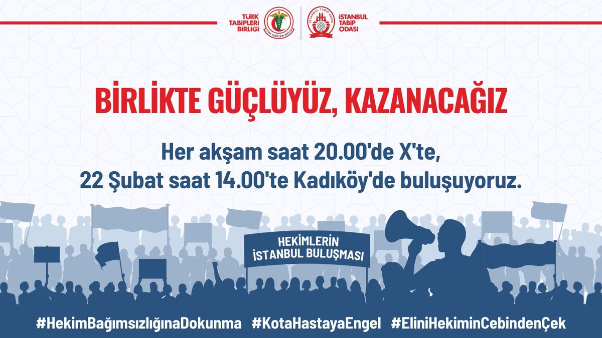 Kamu/Özel,  Akademi/Klinik, Uzman hekim/Aile Hekimi ayrımı olmadan hepimiz Tıp mesleğini icra yetkisine sahibiz. Sorunlarımız ortak , talebimiz ‘ İYİ HEKİMLİK’

#HekimBağımsızlığınaDokunma #KotaHastayaEngel #EliniHekiminCebindenÇek