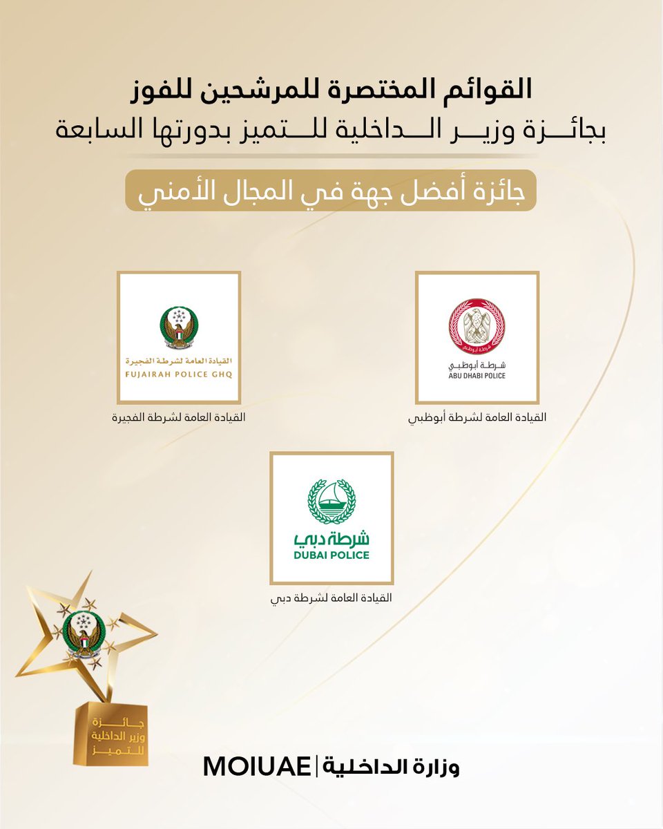 moiuae's tweet photo. نكشف لكم القوائم المختصرة النهائية للمرشحين للفوز بجائزة وزير الداخلية للتميز بدورتها السابعة، على مستوى القيادات الشرطية وقطاعات وإدارات وزارة الداخلية.. ترقبوا إعلان الفائزين في الحفل الختامي للجائزة 

#جائزة_وزير_الداخلية_للتميز https://t.co/lkPFqQINOJ