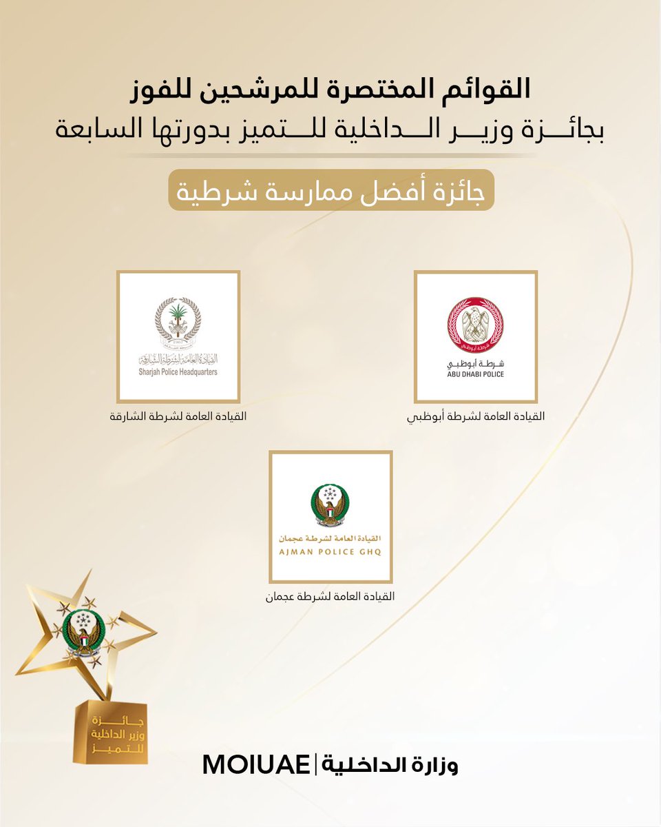 moiuae's tweet photo. نكشف لكم القوائم المختصرة النهائية للمرشحين للفوز بجائزة وزير الداخلية للتميز بدورتها السابعة، على مستوى القيادات الشرطية وقطاعات وإدارات وزارة الداخلية.. ترقبوا إعلان الفائزين في الحفل الختامي للجائزة 

#جائزة_وزير_الداخلية_للتميز https://t.co/lkPFqQINOJ