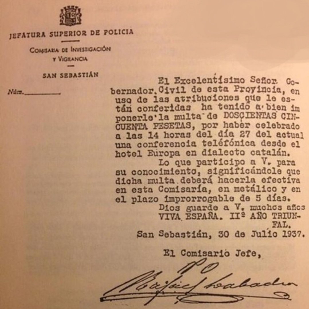 ¡ ¡ ¡ ¡ COÑO ! ! ! ! . .  EN CATALUÑA MULTABAN POR  . . . . . 

¡ ¡ ¡  HABLAR EN CATALAN. . . .NUESTRO IDIOMA ! ! !