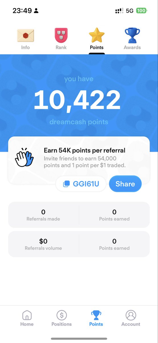 兄弟们，重量级0撸项目来啦，USDT母公司泰达Tether投资的一个Hyperliquid前端钱包<a href="/Dreamcash/">Dreamcash</a> ，用邀请码刮刮乐，可以随机领到5K-1M的积分，这个积分大概率是未来空投的凭证，这个项目背书挺牛逼的，可以0撸参与，不干白不干！

如何交互：

1、打开下面的网址，下载APP安装到手机中；
GGI61U这是邀请码