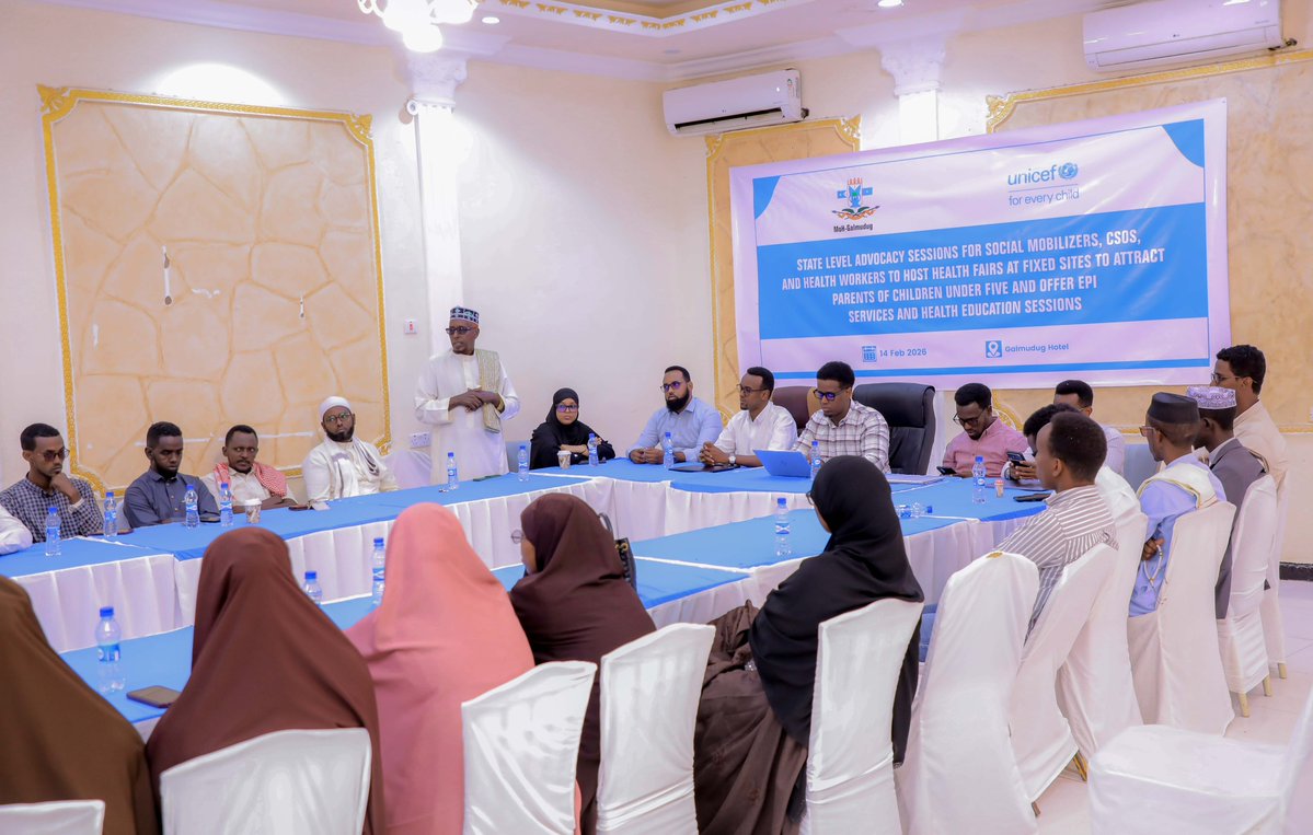 MoH_Galmudug's tweet photo. @MoH_Galmudug held an awareness meeting in Dhusamareb on the launch of the diphtheria vaccination campaign across Galmudug, urging parents and communities to protect children from this preventable disease. https://t.co/ySeMhyIdIA