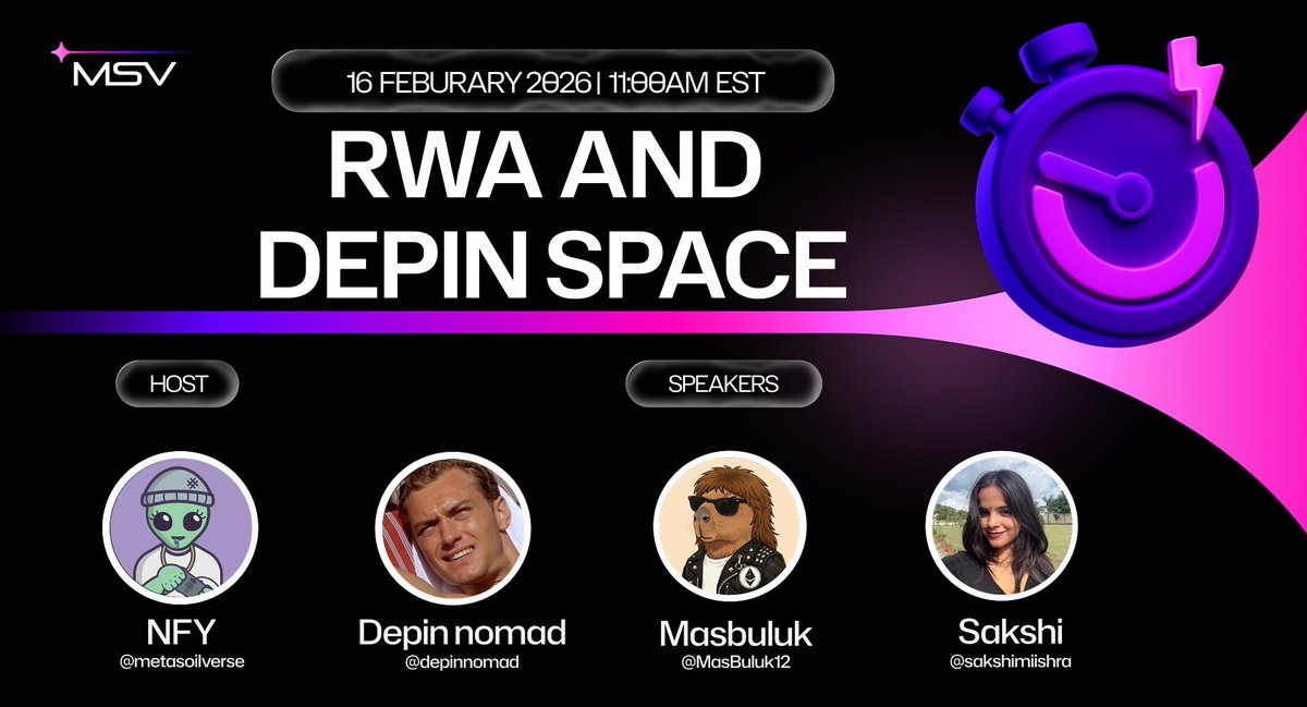 metasoilverse's tweet image. AMA Announcement 

RWA × DePIN 2026: From Tokenizing Assets to Powering Real Infrastructure

The physical world is going on-chain. We're talking about what's real and what's noise.

📅 16th Feb 

⏰ 11AM EST | 9:30PM IST

🎙 Speakers: @depinnomad, @masbuluk12, @sakshimiishra ,…