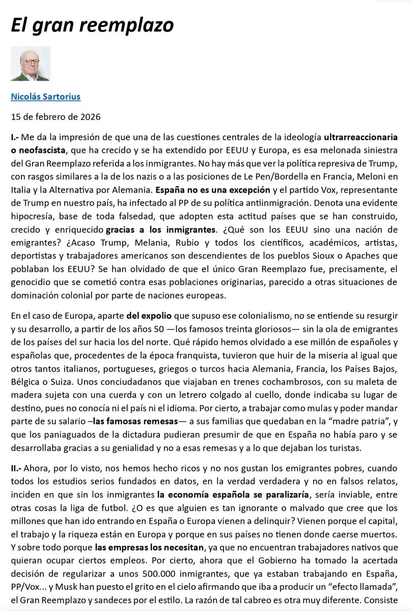 pepecampostruji's tweet photo. ¿Acaso Trump, Melania, Rubio...son descendientes de los pueblos Sioux Apaches que poblaban EE.UU?

✍🏼'EL GRAN REEMPLAZO', la opinión de Nicolás Sartorius en @_infoLibre 

✨ Brillante y riguroso artículo sobre la inmigración...

👉🏽NO TE LO PIERDAS/DIFUNDE

https://t.co/Reulb74D0s https://t.co/5UCBs6aYwq