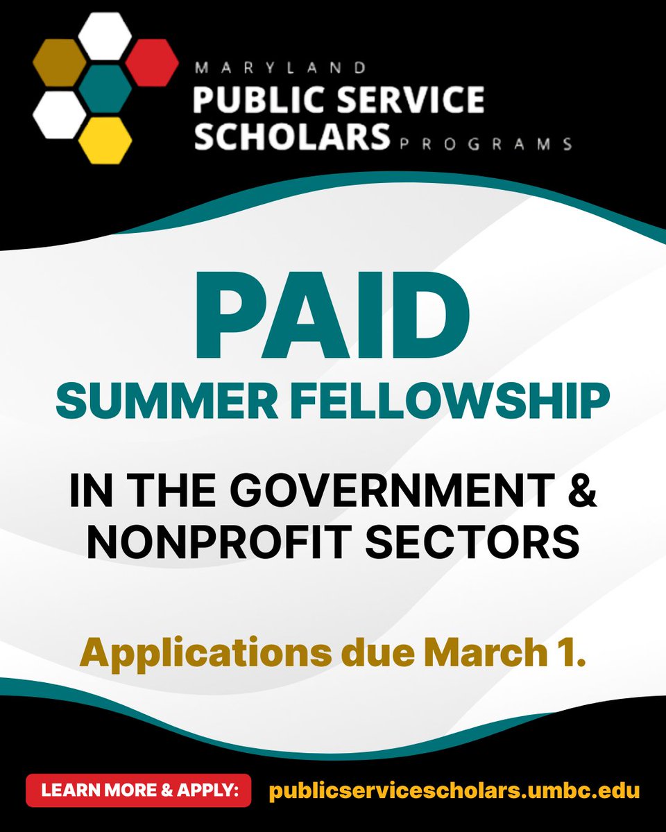 🚨 Applications are due in TWO WEEKS for the Maryland Public Service Scholars programs!

These 10 to 11-week-long paid internships will help make you part of our mission to build a Maryland that leaves no one behind. 

Apply at go.md.gov/SummerInternsh…