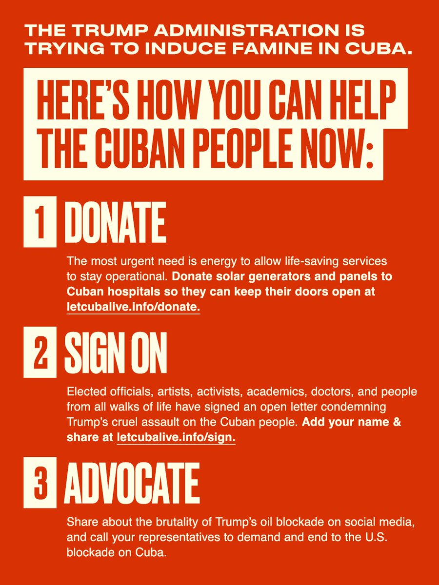 Trump’s oil blockade’s on Cuba is making life more difficult by the hour and has left hospitals struggling to maintain lifesaving services and millions facing life threatening food shortages.

Here’s how you can help right now:
➡️ Donate solar generators and panels to keep Cuban