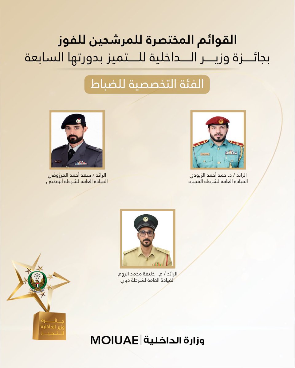 moiuae's tweet photo. نقدم لكم القوائم المختصرة النهائية للمرشحين للفوز بجائزة وزير الداخلية للتميز بدورتها السابعة على المستوى الوظيفي، تمهيداً لإعلان الفائزين في الحفل الختامي للجائزة .. 

#جائزة_وزير_الداخلية_للتميز https://t.co/i3YLD7Lu6v