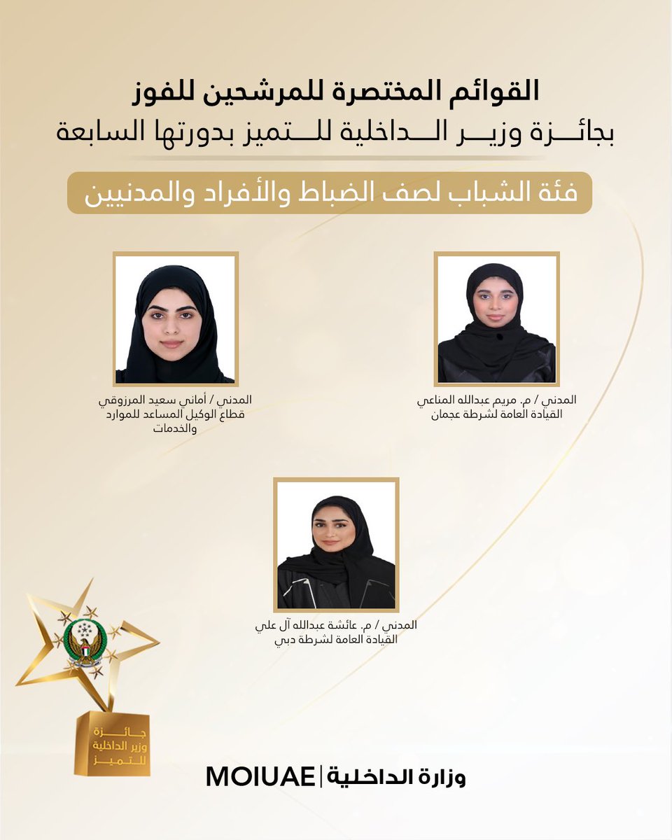 moiuae's tweet photo. نقدم لكم القوائم المختصرة النهائية للمرشحين للفوز بجائزة وزير الداخلية للتميز بدورتها السابعة على المستوى الوظيفي، تمهيداً لإعلان الفائزين في الحفل الختامي للجائزة .. 

#جائزة_وزير_الداخلية_للتميز https://t.co/pZTY3FcZTC