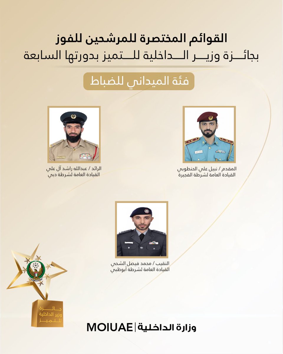 moiuae's tweet photo. نقدم لكم القوائم المختصرة النهائية للمرشحين للفوز بجائزة وزير الداخلية للتميز بدورتها السابعة على المستوى الوظيفي، تمهيداً لإعلان الفائزين في الحفل الختامي للجائزة .. 

#جائزة_وزير_الداخلية_للتميز https://t.co/TfMZ2t7NGc