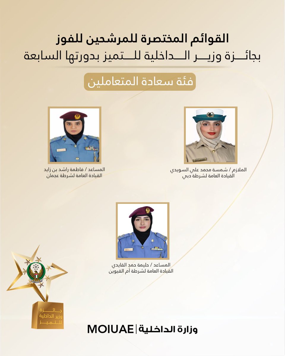 moiuae's tweet photo. نقدم لكم القوائم المختصرة النهائية للمرشحين للفوز بجائزة وزير الداخلية للتميز بدورتها السابعة على المستوى الوظيفي، تمهيداً لإعلان الفائزين في الحفل الختامي للجائزة .. 

#جائزة_وزير_الداخلية_للتميز https://t.co/TfMZ2t7NGc