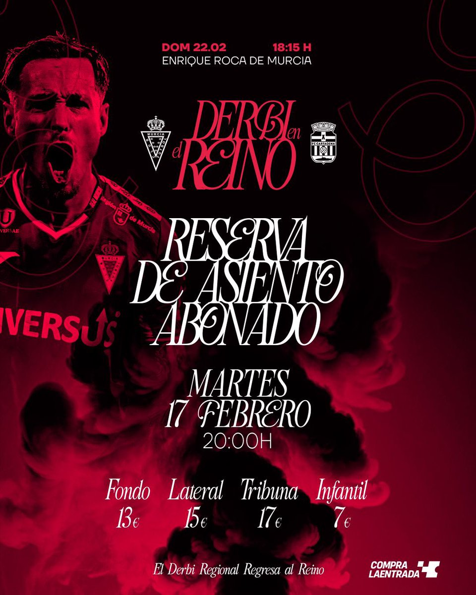 ‼️ 𝗔𝗠𝗣𝗟𝗜𝗔𝗗𝗢 el plazo de reserva de asiento para ‘𝐄𝐥 𝐃𝐞𝐫𝐛𝐢 𝐞𝐧 𝐞𝐥 𝐑𝐞𝐢𝐧𝐨’
🗓️ Hasta el martes 17/02
⏰ 20:00h

Abonado, después, podrás comprar a precio especial, pero sin asiento asegurado.
🎟 Fondo 13€ | Lateral 15€ | Tribuna 17€ | Infantil 7€
🛒