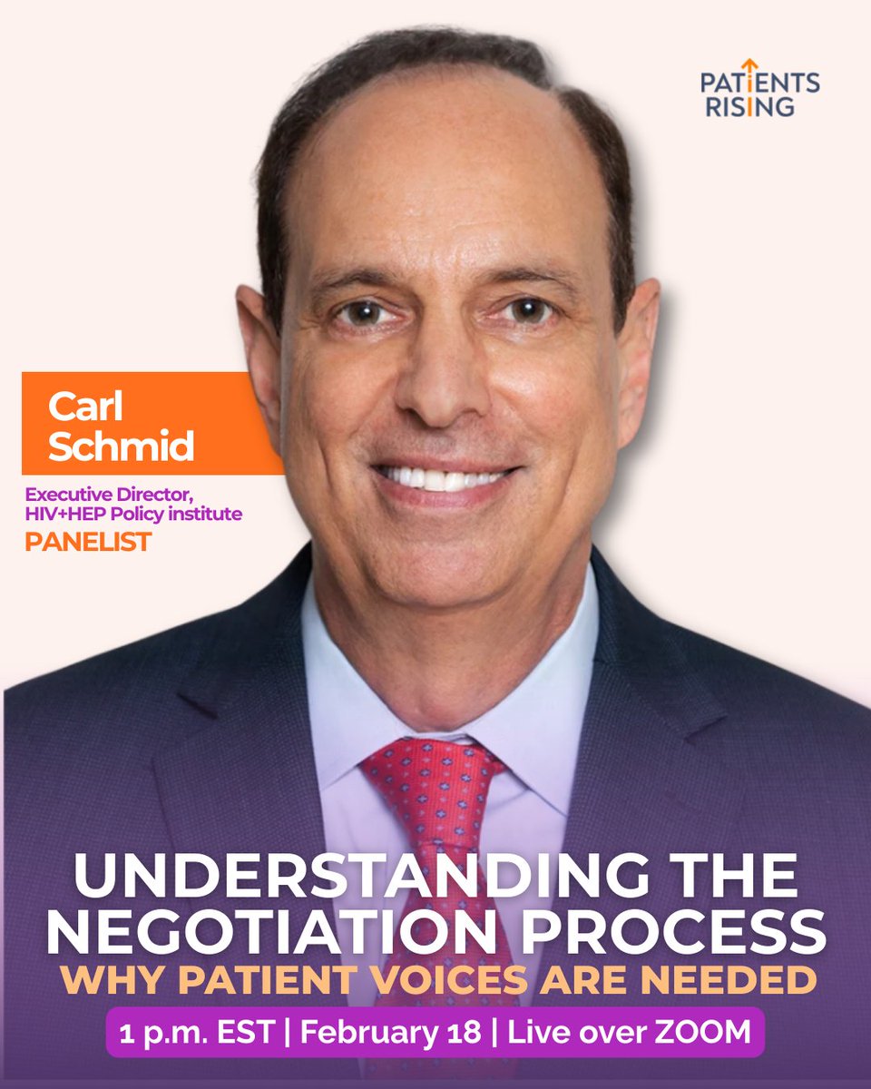 HIVHep's tweet image. #Medicare #Rx price negotiation is being implemented now. Carl Schmid will be speaking w/@PatientsRising on Feb. 18 about what this means for #patients &amp;amp; why real-world perspectives are critical to good policy. Join us: patientsrising.org/medicare-drug-…